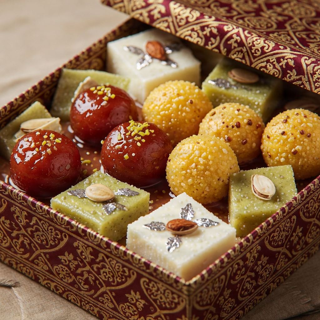 Assorted Pakistani Mithai (sweets) in a traditional box.